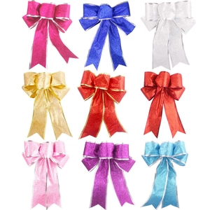 Set of 9 colorful glitter 25cm Christmas bows for tree decoration and DIY crafts