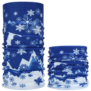 Blue seamless magic headband with white snowflake and mountain patterns for outdoor cycling