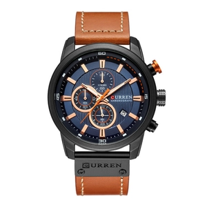 Business chronograph watch with navy dial, black case and brown leather strap for men