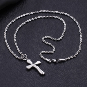 Polished silver stainless steel cross pendant necklace with twist chain on black leather