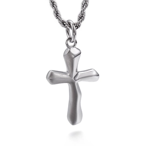 Polished silver stainless steel cross pendant necklace with a classic rope chain for men