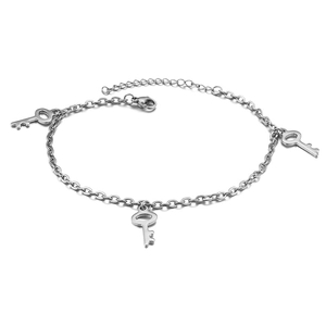 Bracelet de cheville minimaliste en acier inoxydable argenté avec breloques clés et fermoir