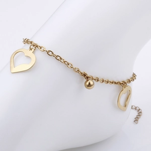 Titanium steel heart anklet in gold finish with hollow heart charms and adjustable chain