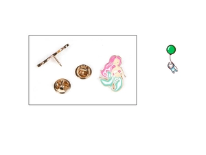 Detailed view of enamel mermaid lapel pin with butterfly clutch back on white backdrop