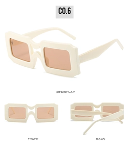 Three-angle display of cream thick frame square sunglasses with light brown lenses