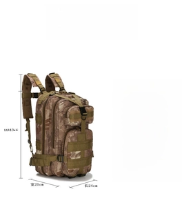 Detailed spec chart of 25L tactical 3P backpack in 600D oxford camo fabric