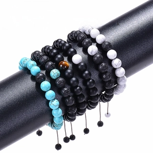 Adjustable 8mm natural stone bracelets set featuring turquoise and lava rock beads