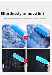 Détail de la brosse anti-poils d'animaux sur du velours bleu et des tissus noirs