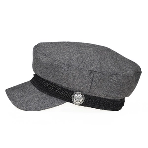 Classic grey wool newsboy hat featuring braided rope trim and silver crown button detail