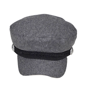 Vintage dark grey wool newsboy cap for women with woven strap and silver buttons