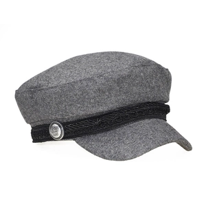Retro grey wool newsboy hat with braided cord and silver crown button detail