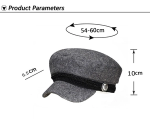 Detailed dimensions of gray wool newsboy cap showing head size 54-60cm and brim length