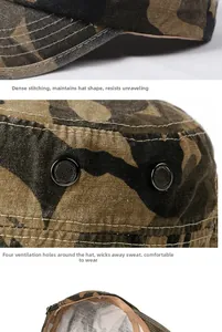 Detail of camouflage military cap featuring reinforced stitching and metal air vents