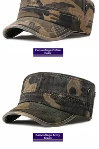 Detail view of brown and army green camouflage cadet caps with metal ventilation eyelets