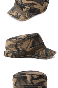 Detailed views of camouflage flat top cadet hat with metal vents and vintage worn edges