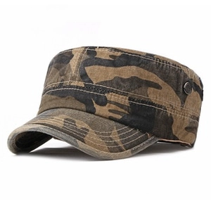 Detail shot of the camouflage flat top army cap featuring reinforced stitching and a side metal buckle