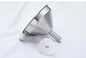 Close-up of 304 stainless steel kitchen funnel with fine mesh filter and brushed metal finish