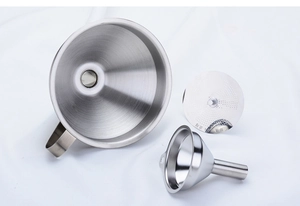 Macro shot of 304 stainless steel kitchen funnels with a removable filter strainer