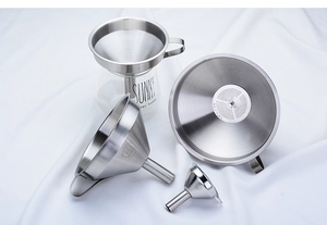 Detail view of 304 stainless steel kitchen funnel set with handle and removable filter mesh