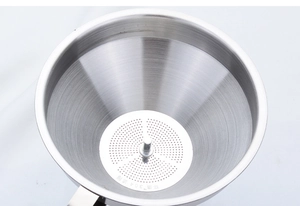 Detailed close-up of 304 stainless steel funnel with a fine removable mesh filter