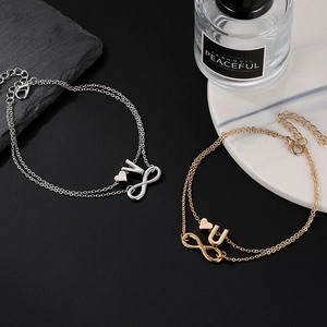 Double-layer heart and infinity anklet with alphabet charms in gold and silver finish