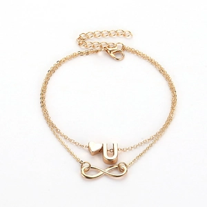 Double-layered gold anklet with heart, infinity symbol and letter U pendant charms
