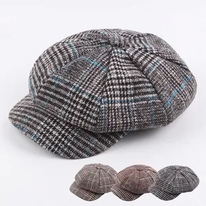Women's vintage plaid knitted newsboy hat in various checkered colors and wool patterns