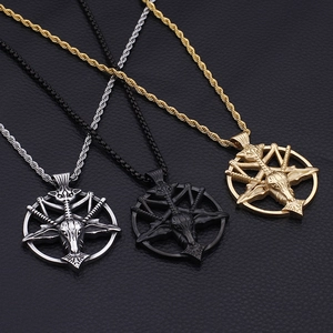 Gothic goat head and inverted pentagram pendant necklace in silver, black and gold steel