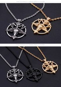Detailed comparison of goat head pentagram pendants in silver, gold and black finishes