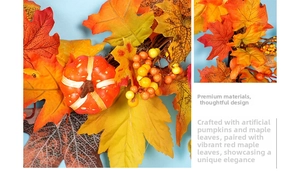 Detailed close-up of artificial pumpkins, maple leaves, and berries for autumn decoration