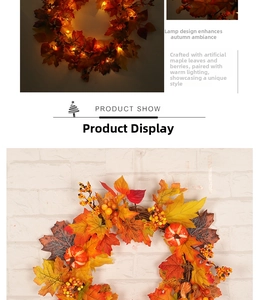 Detail of autumn wreath with LED lights, maple leaves, small pumpkins, and red berries