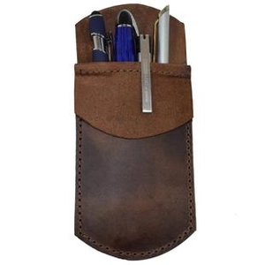 Detailed view of a brown leather pocket protector with stitching and a fold-over flap