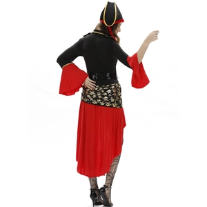 Women Caribbean Pirate Costume Halloween Cosplay Outfit Red Black Party Dress Set