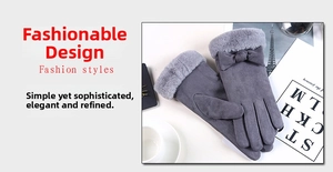 Damenhandschuhe aus grauem Wildleder mit Webpelzbesatz und zarter Schleife im Detail