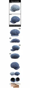Vue détaillée de casquettes gavroche en denim délavé bleu clair et foncé avec emballage protecteur