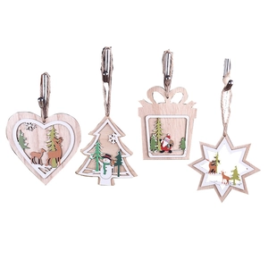Set of 4 laser-cut wooden Christmas ornaments with reindeer, snowman and Santa patterns