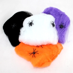 Halloween cobweb decorations set in black, white, orange, and purple with small spiders