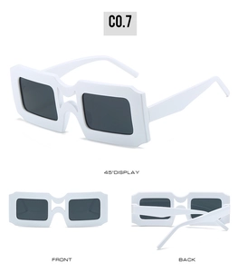 Multi-angle view of white square frame sunglasses with dark lenses and thick temples