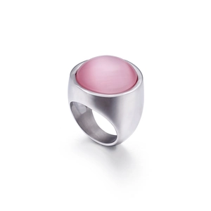 Polished silver stainless steel wide ring with centered pink cat eye stone on white background