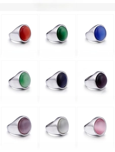 Detail view of nine color variations for stainless steel rings with cat eye stone inlays