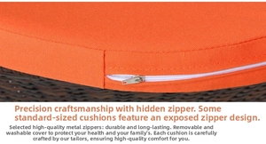 Detail view of round outdoor cushion showing hidden metal zipper and woven fabric texture