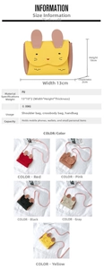 Detailed size specifications and five color variants of the mini bunny crossbody PU bag