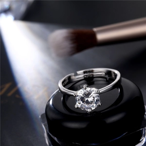 Classic Six-Claw Ring White Gold Plated Copper Round Zircon Simple Adjustable Open Band For Women Elegant Jewelry