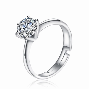 Classic silver six-prong ring with a 6mm round cubic zirconia on a mirror background