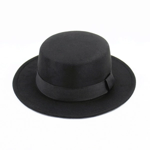 Classic black wool felt boater hat with a stylish grosgrain ribbon and flat top crown
