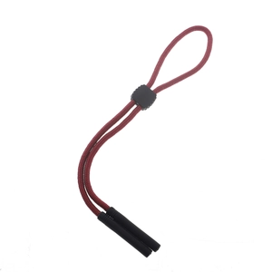 Detail of burgundy braided eyewear strap with black plastic adjustable buckle and cord ends