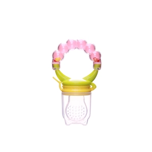 Pink and green baby fruit feeder pacifier with rattling handle and silicone pouch
