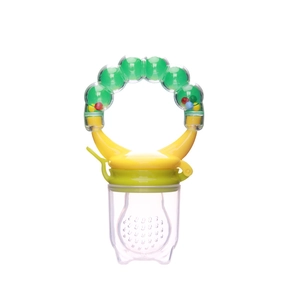 Baby fruit feeder pacifier with yellow handle and green rattle ring for nutrition feeding