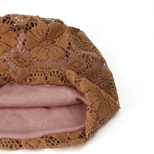 Brown floral lace slouchy beanie for women with soft pink lining and breathable design