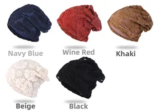 Detailed lace texture view of slouchy beanies in navy, wine red, khaki, beige and black